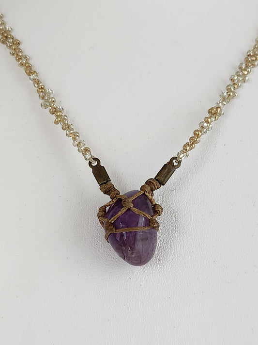 Handmade Amethyst Netted Necklace with Beaded Chain