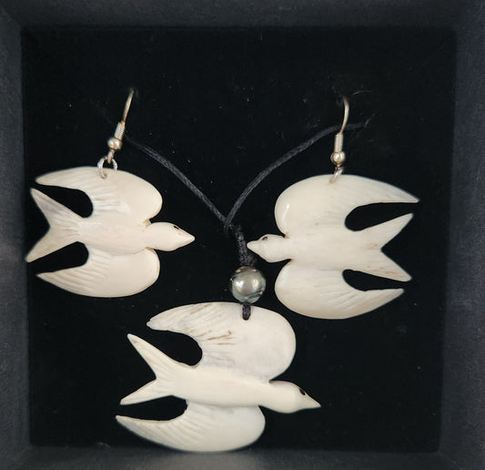 Hand carved Peace Bird Earrings & Pendant- Cattle Bone &  Black Pearl