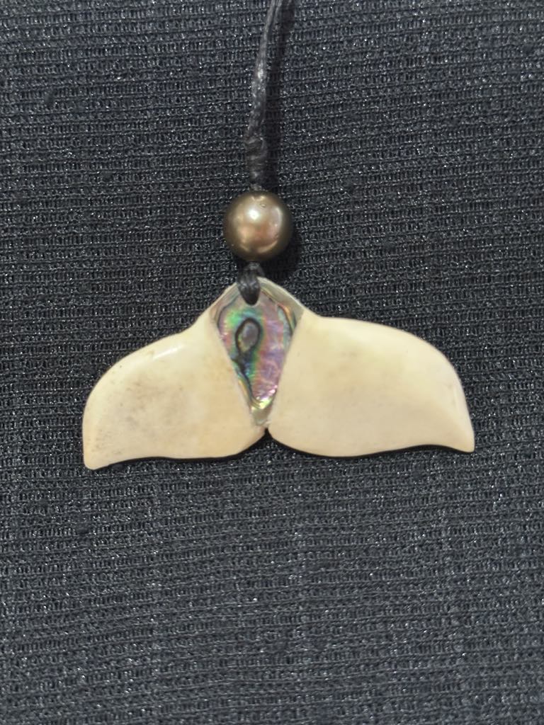 Hand carved Whale Tail Pendant With Abalone In-lay & Tahitian Black Pearl