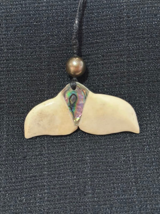 Hand carved Whale Tail Pendant With Abalone In-lay & Tahitian Black Pearl