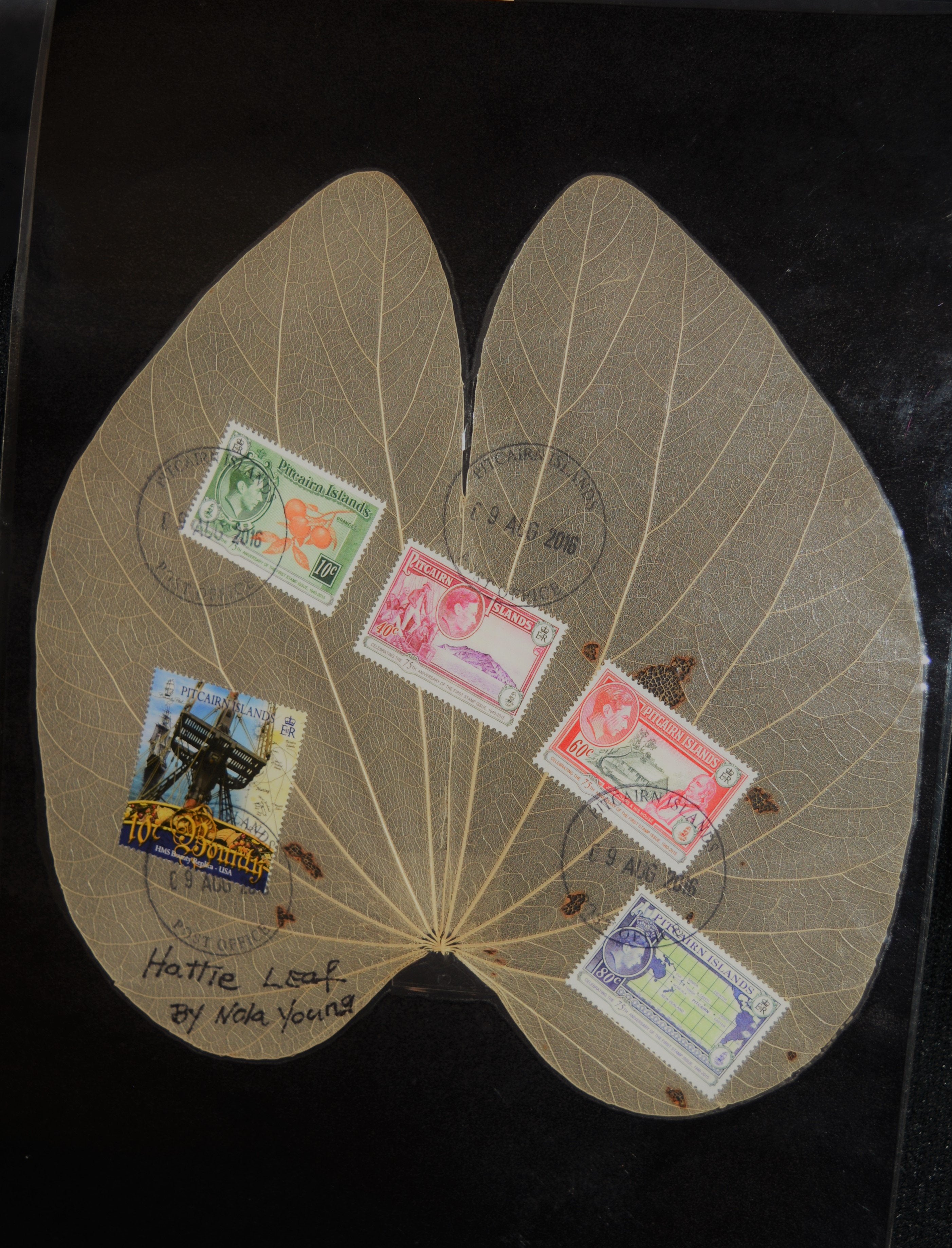 Hand Pressed Hattie Leaf with Pitcairn Stamps - Laminated Card