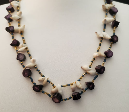 Collier à 2 brins fait main - Perles Fetuei taillées à la main et coquillages en cône