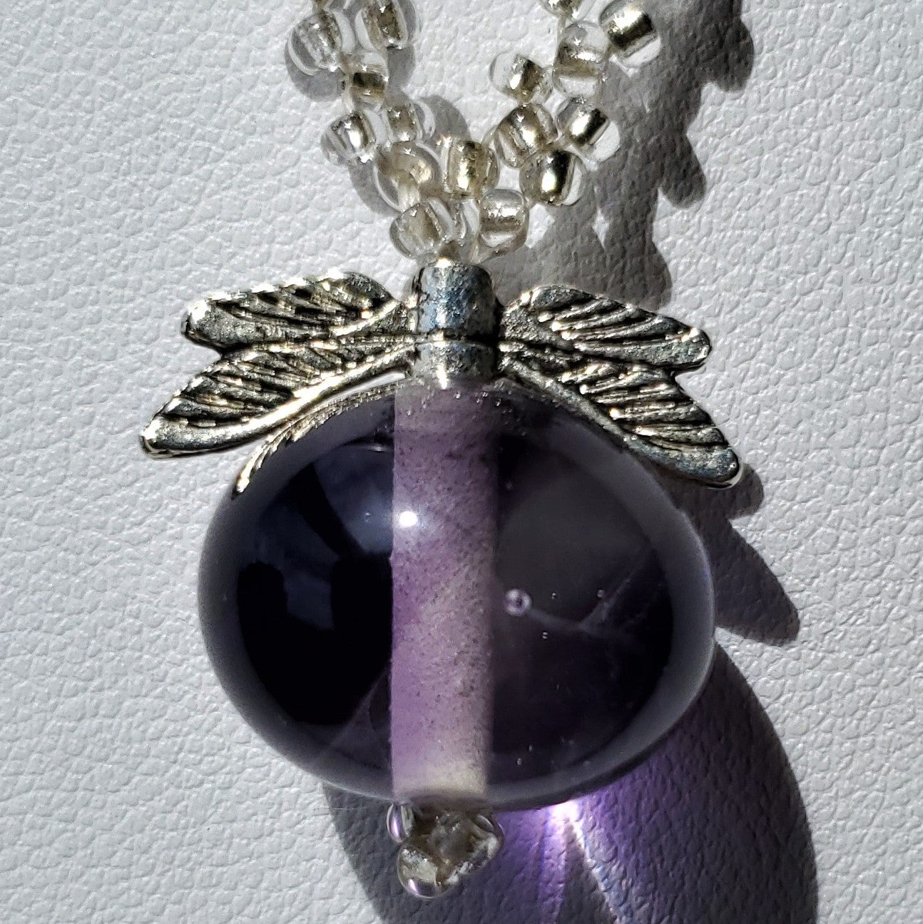Hand crafted Purple Orb and Dragonfly Recycled Glass Necklace