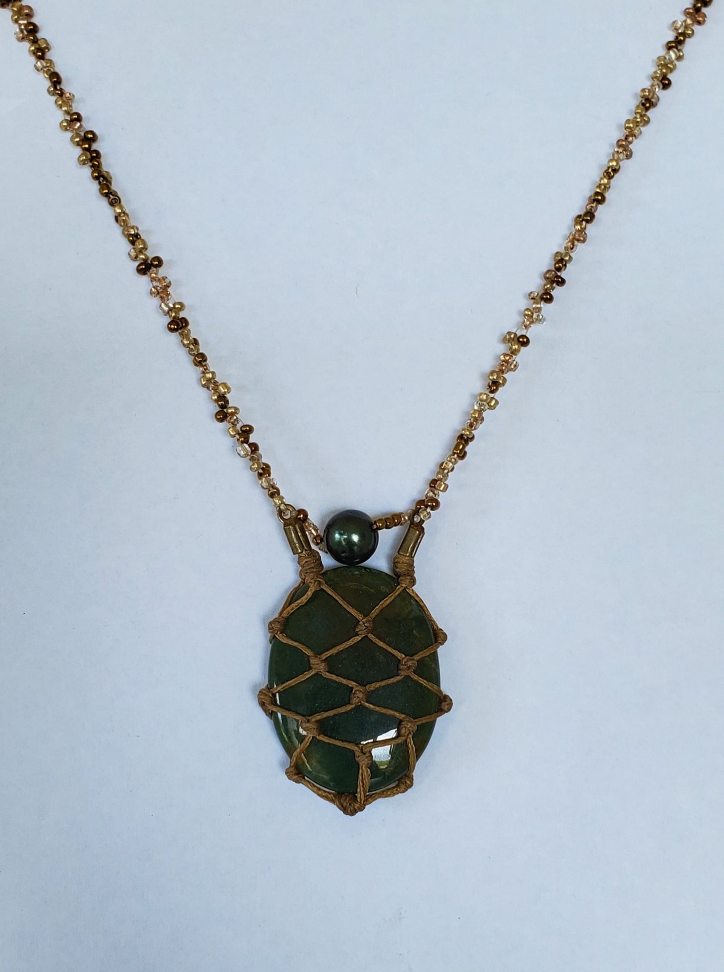 Hand crafted Netted Jade and Tahitian Black Pearl Necklace