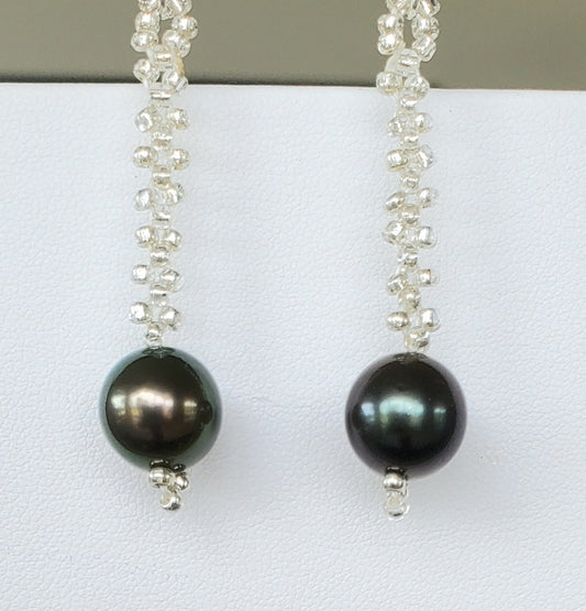 Handmade Single Drop Silver Beaded Tahitian Black Pearl Earrings