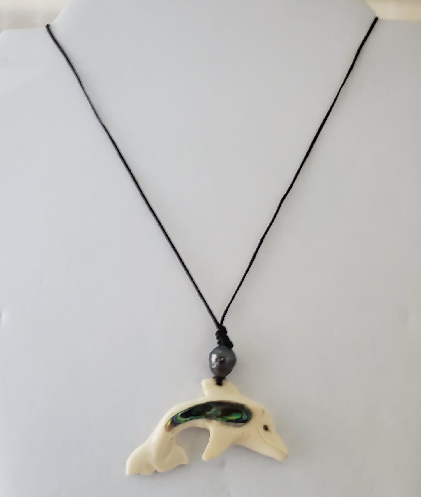 Hand Carved Dolphin Necklace - Cattle Bone, Tahitian Black Pearl & Abalone