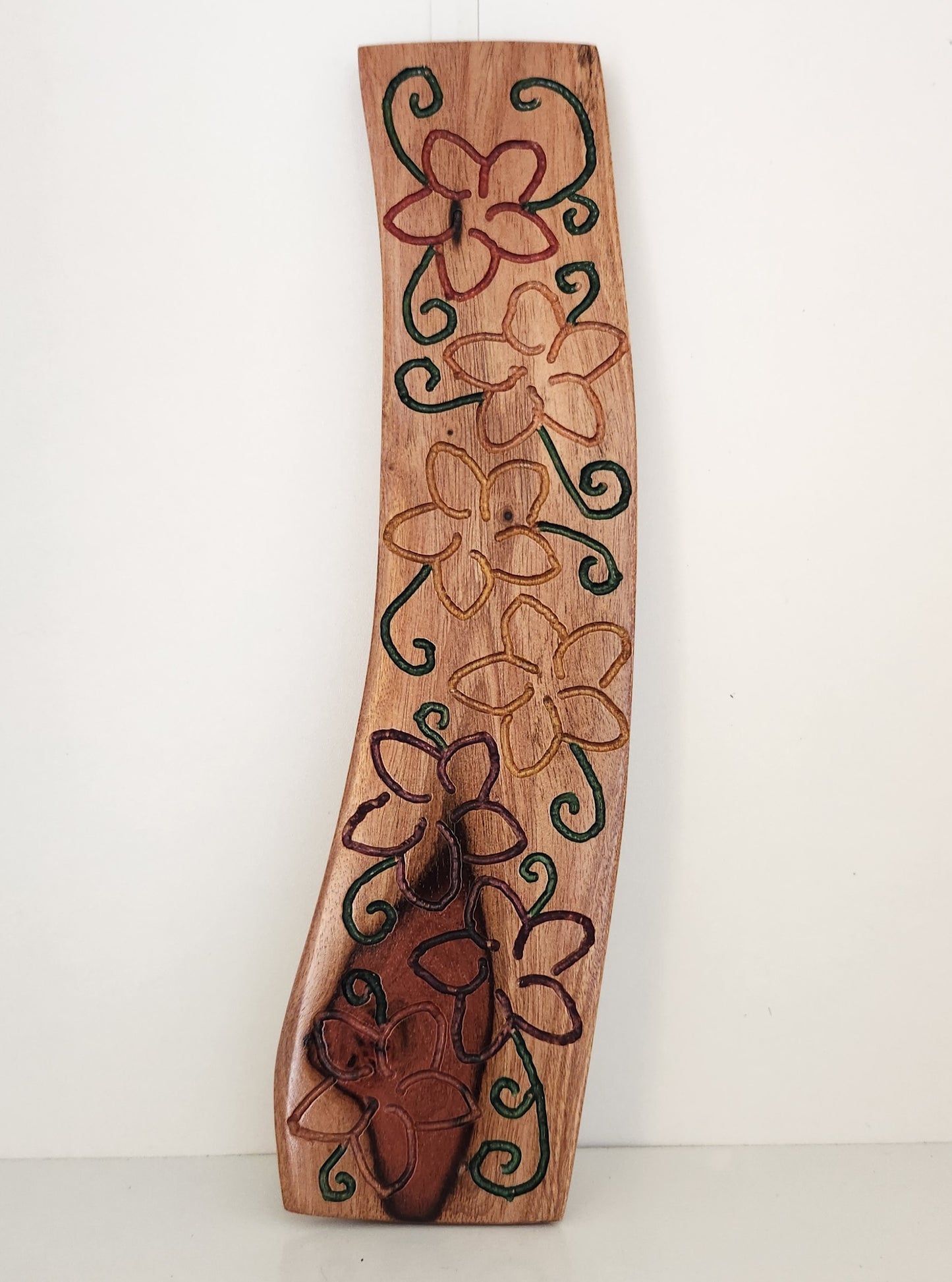 Hand Carved & Etched Coloured Tiare Wall Hanging from Local Miro Wood