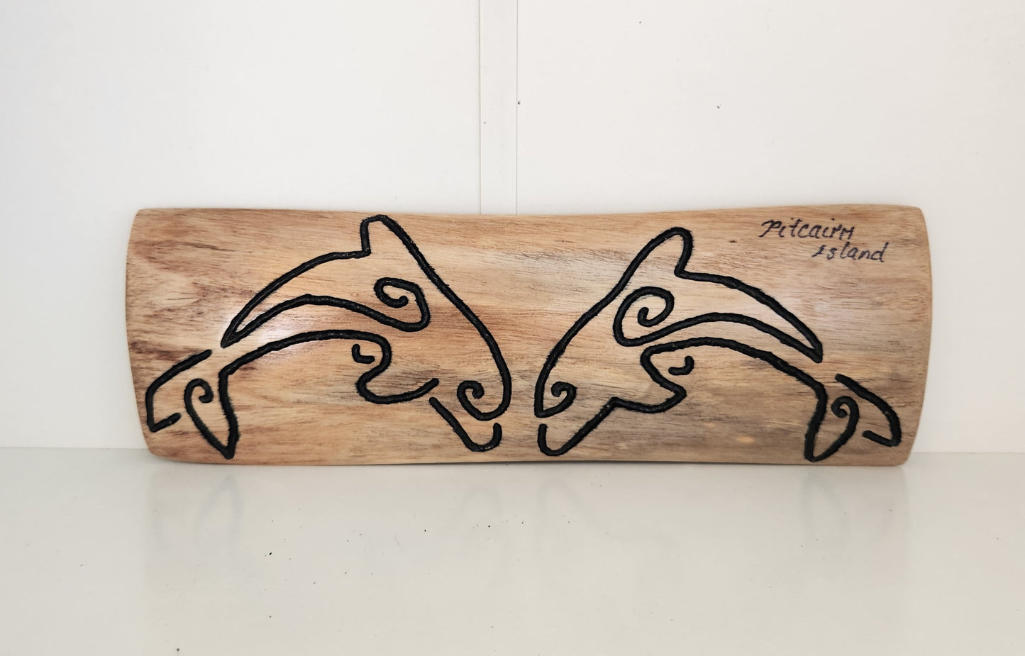Hand Carved & Etched Twin Dolphins Wall Hanging from Local Burau Wood