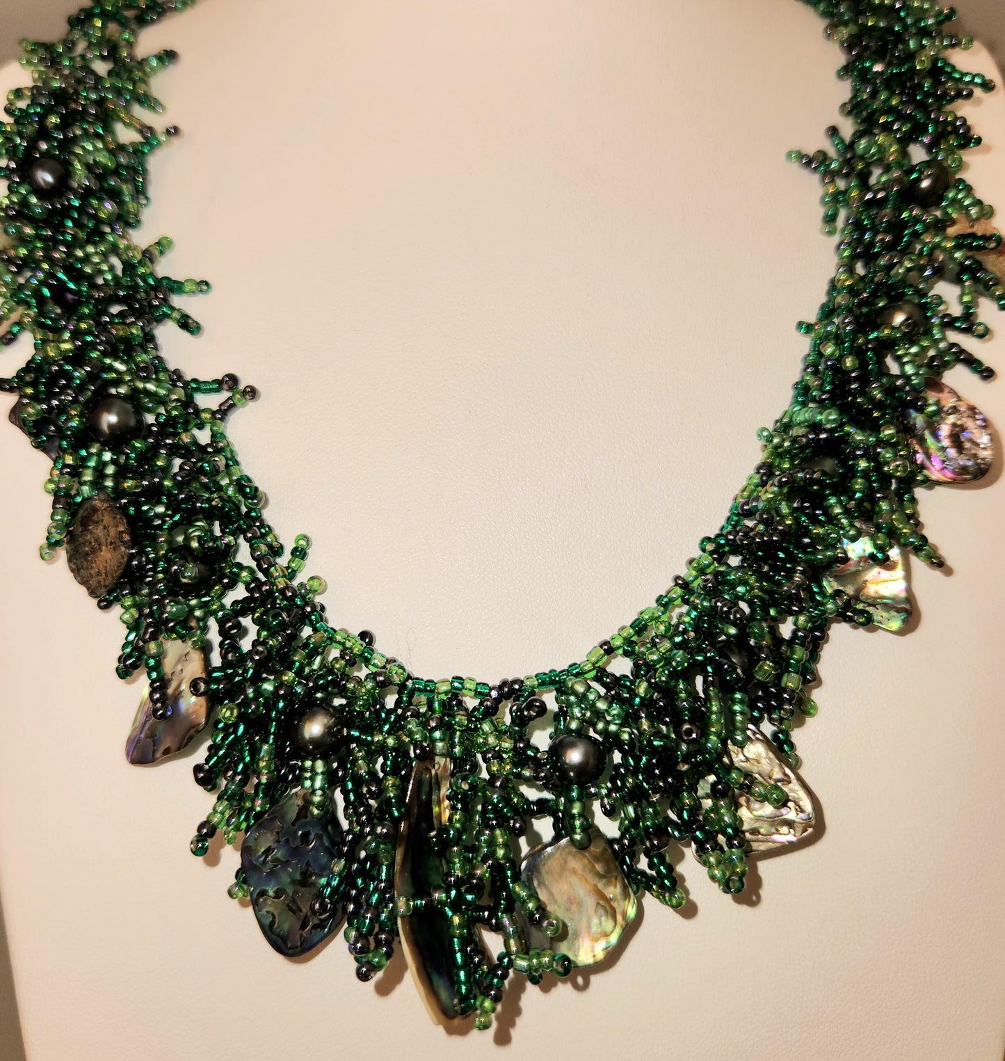 Hand made Coral Form Necklace - Ocean Green Tahitian Black Pearls and Abalone