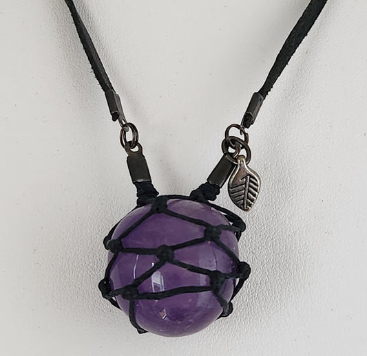 Handmade Amethyst Netted Necklace - Leather Thong