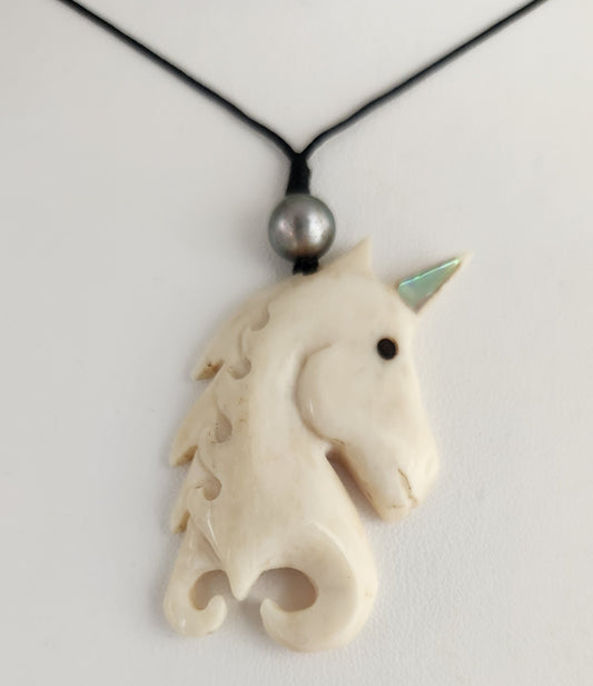 Hand carved Unicorn Pendant - Tahitian Black Pearl and Cattle Bone
