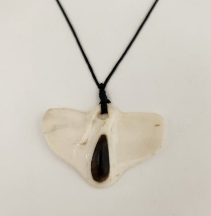 Hand Carved Manta Ray Pendant - Cattle Bone & Miro Wood Inlay