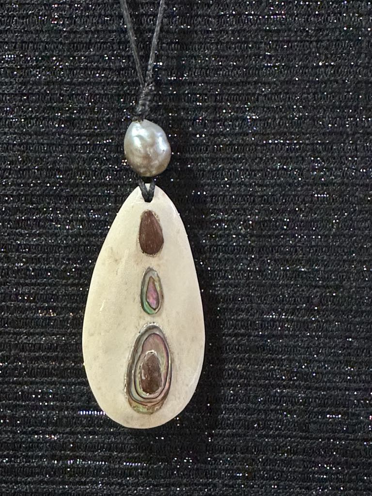 Hand Carved Oval Necklace - Cattle Bone & Tau Wood