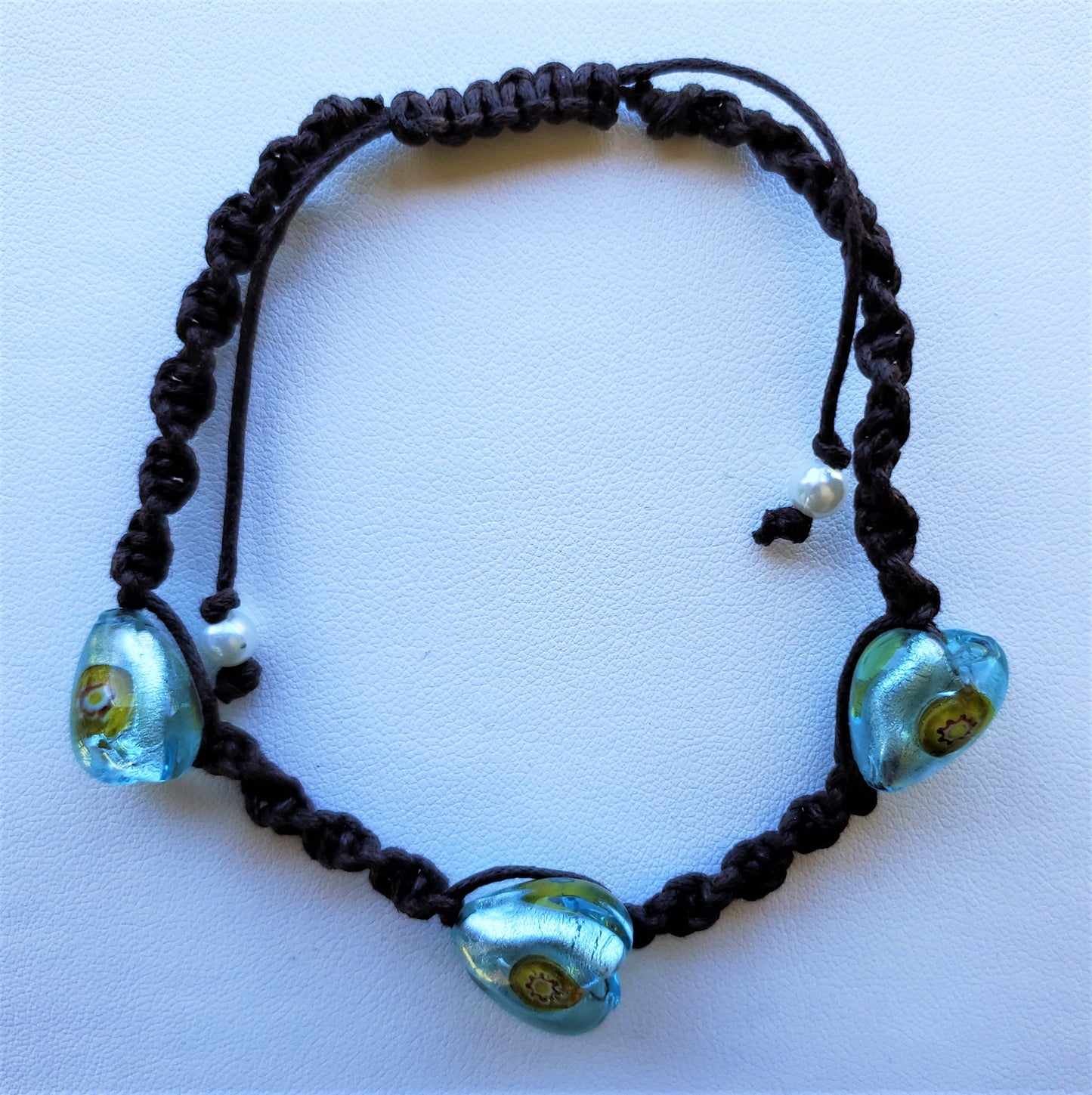 Hand Braided Macramé & Recycled Glass Bead Bracelet  - Aqua Blue Hearts