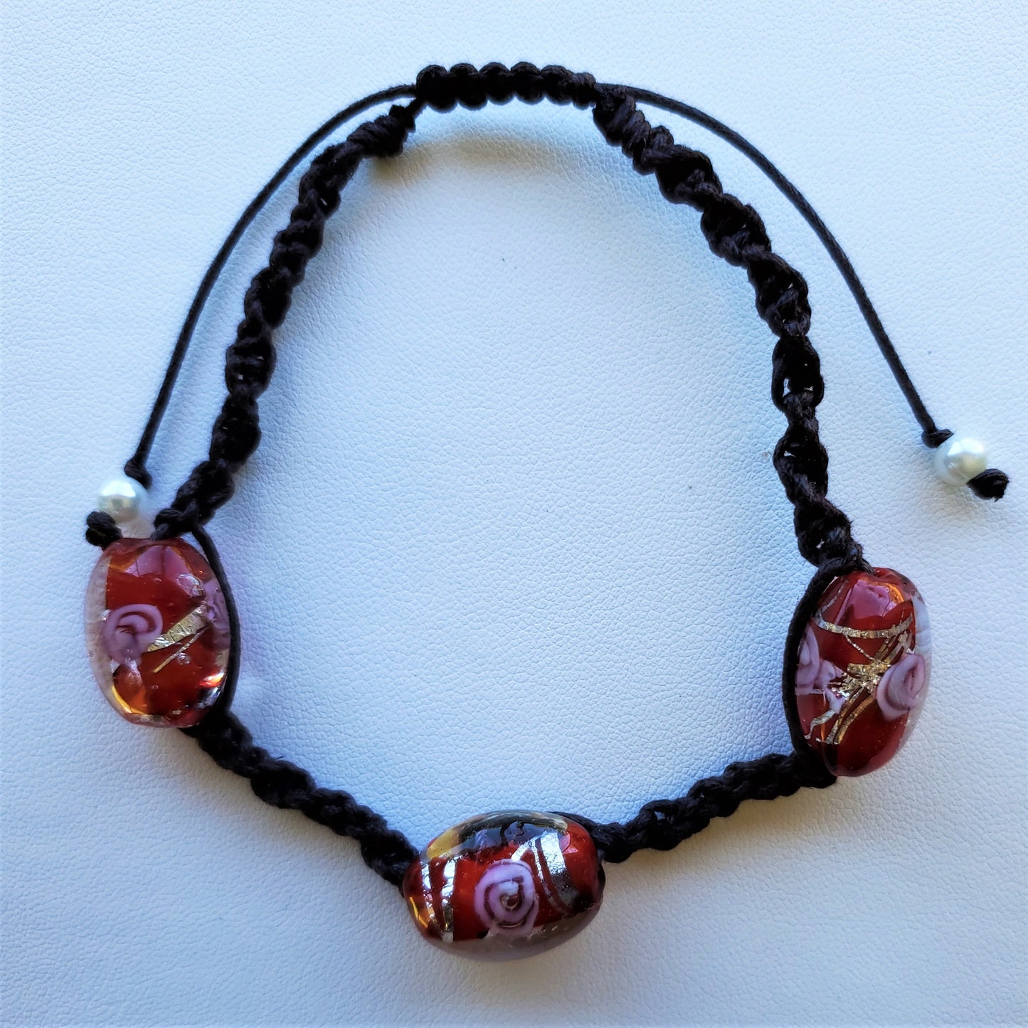 Hand Braided Macramé & Recycled Glass Bead Bracelet  - Red