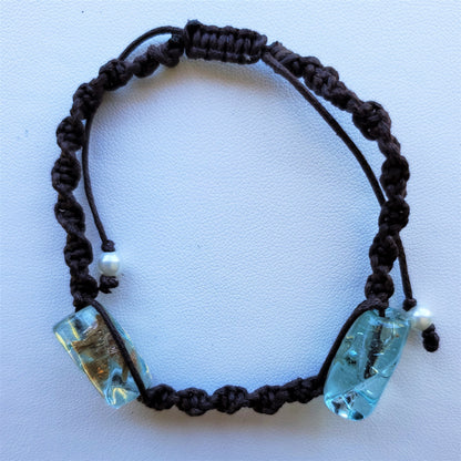Hand Braided Macramé & Recycled Glass Bead Bracelet - Pale Blue Tube