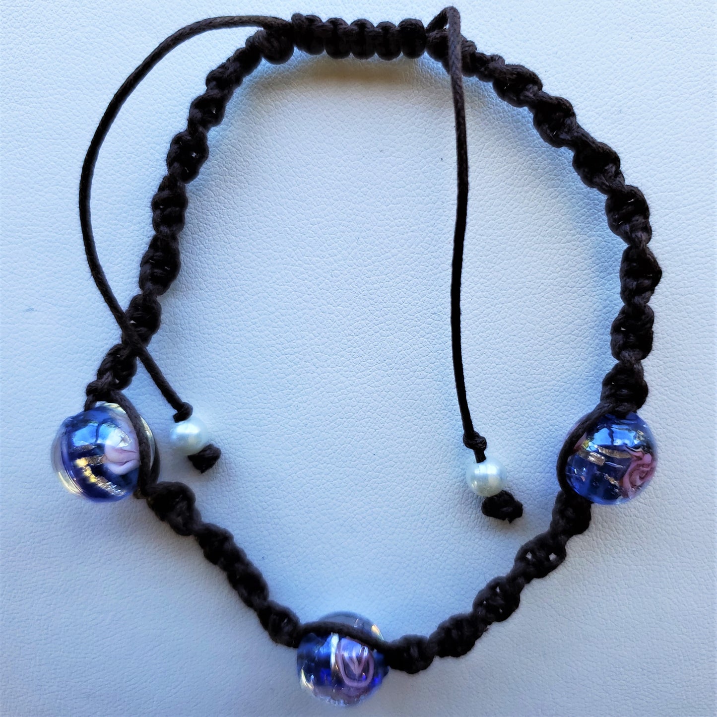 Hand Braided Macramé & Recycled Glass Bead Bracelet - Blue & Pink