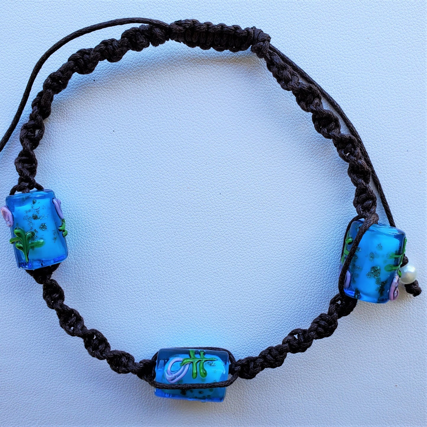 Hand Braided Macramé & Recycled Glass Bead Bracelet - Turquoise Tubes