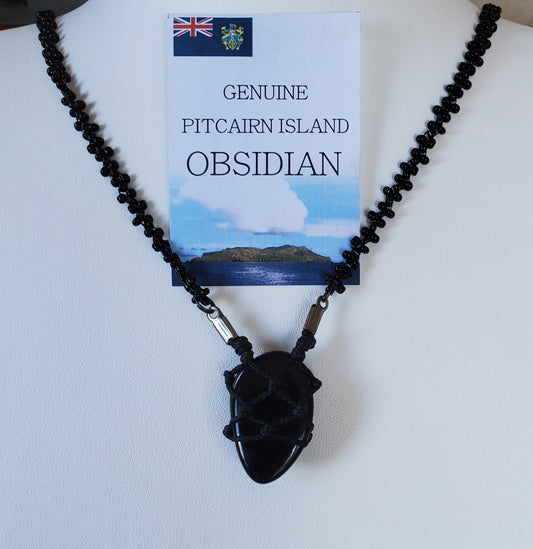 Pitcairn Island Black Obsidian Handmade Netted Necklace - with beaded Chain