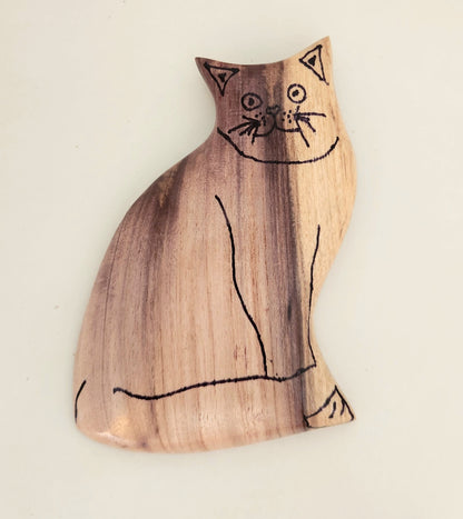 Hand Carved & Hand Sketched Kitty Cat from Burau wood  - Small