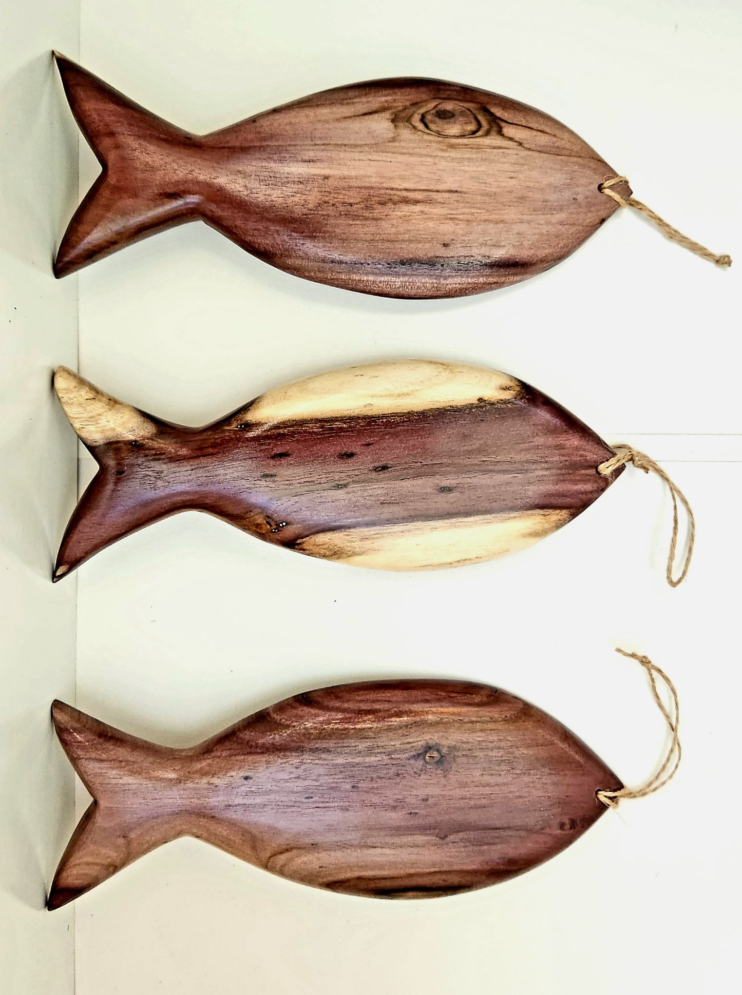 Hand Carved Set of 3 Hanging Fish from local Burau wood- Large