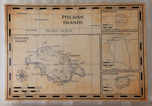 Carte de l'île Pitcairn - papier cartonné plastifié sépia