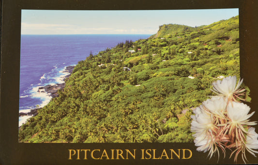 Carte postale de l'île de Pitcairn - regardant vers le bas à Adamstown estampillé