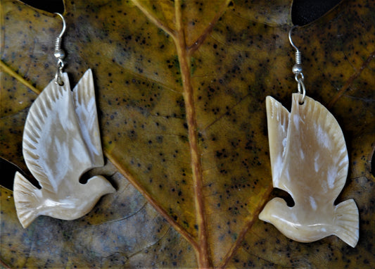 Hand carved Peace Bird earrings - Cattle Bone