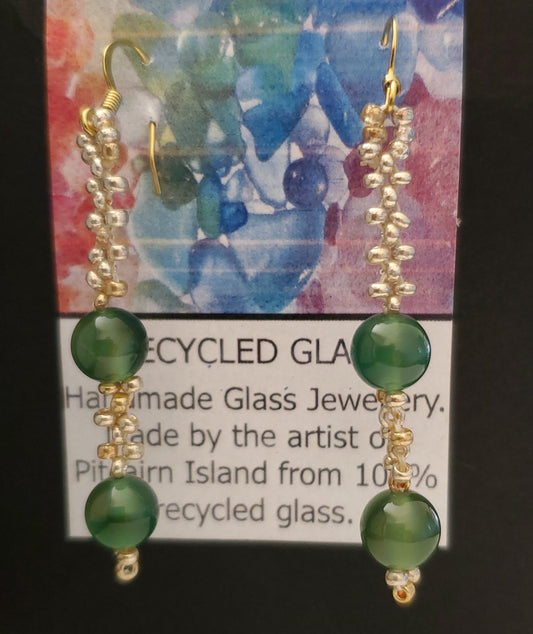 Handmade Recycled Glass Beaded Earrings - Bottle Greens