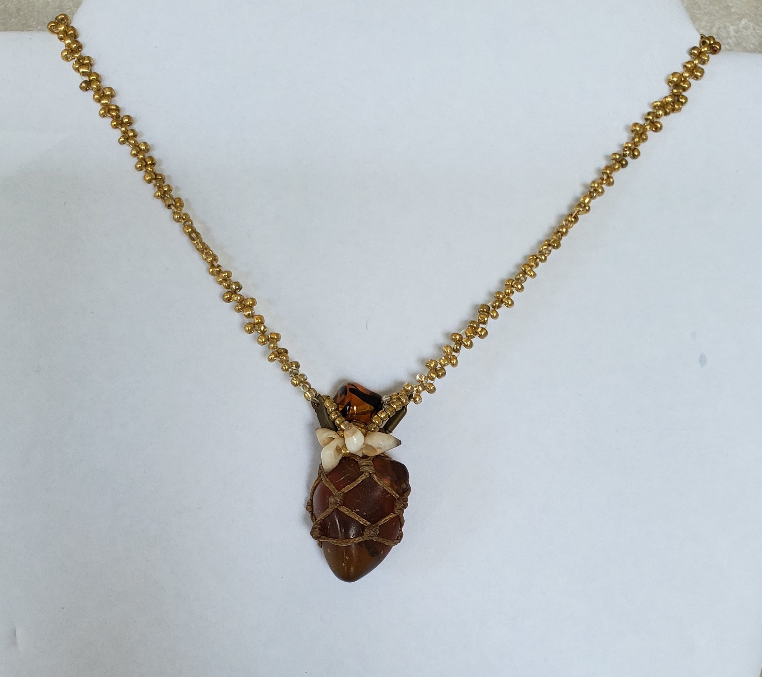 Hand crafted Netted Amber, Tigers Eye & Cone Shell Necklace