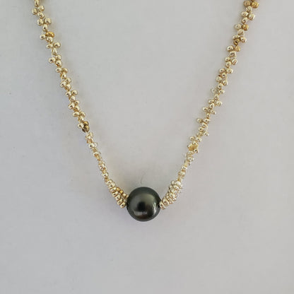 Collar de cadena con una sola perla hecha a mano - plata y oro