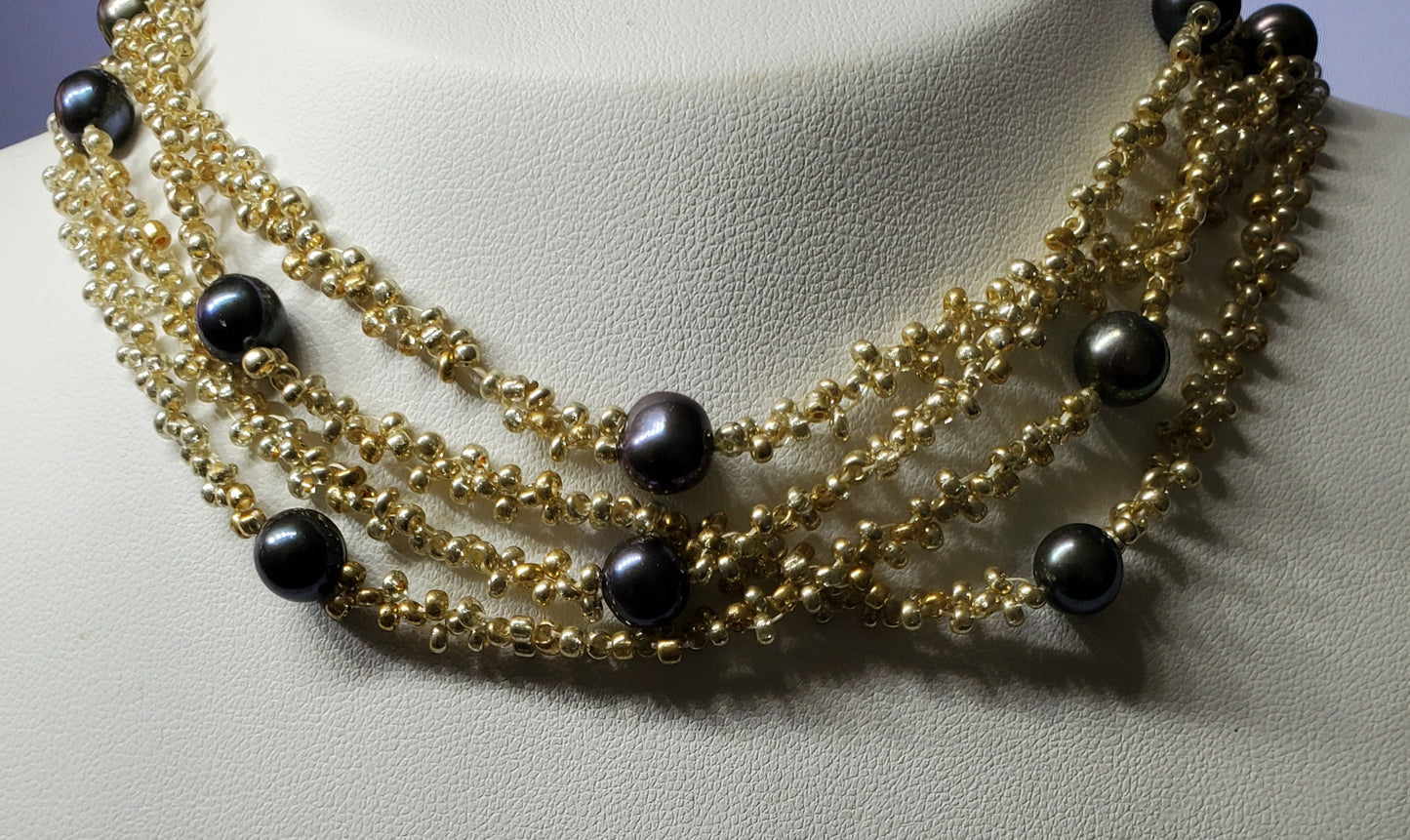 Handmade Gold Beaded Pacific Black Pearl Wrap Around Necklace