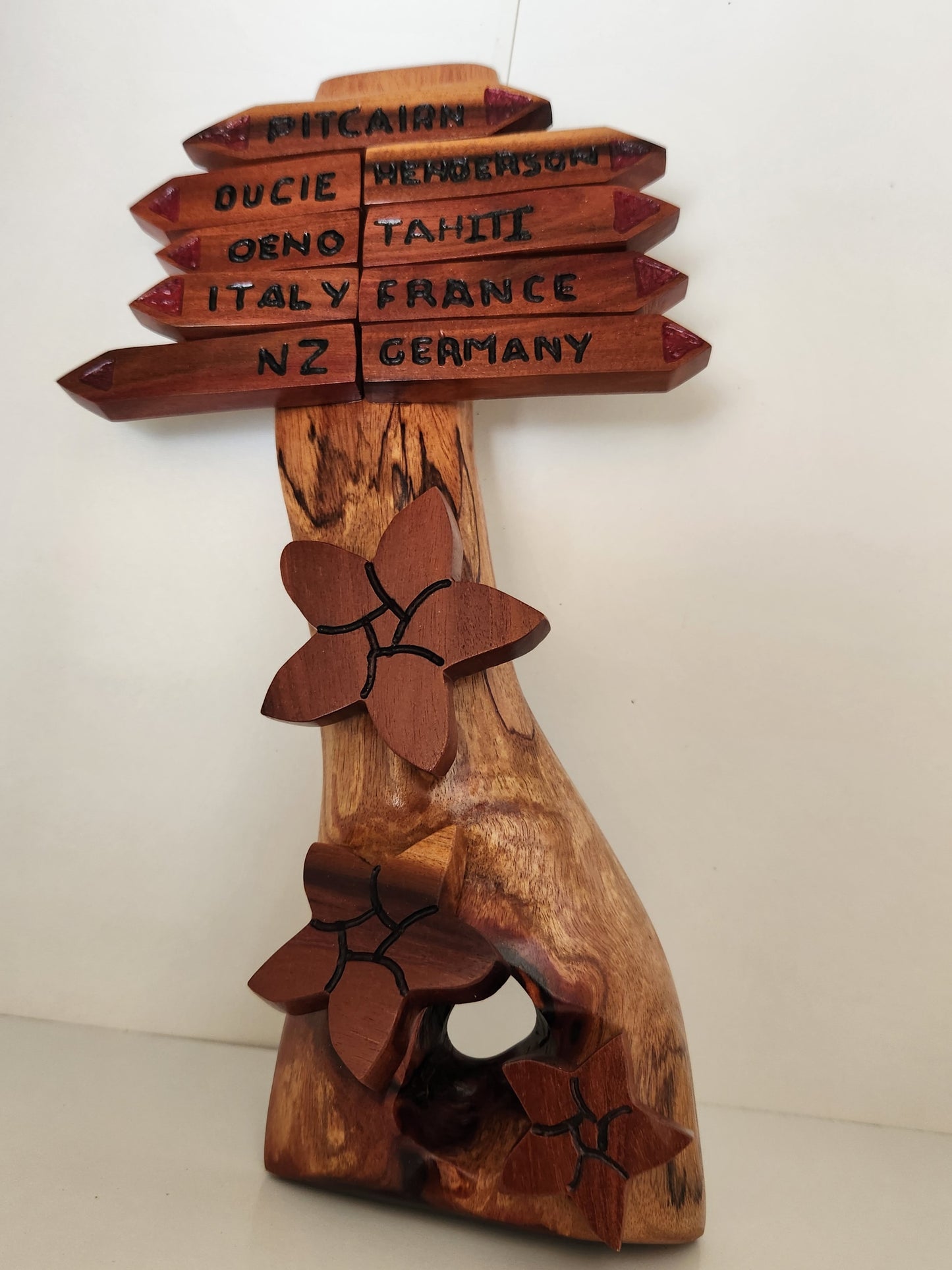 Hand Carved Pitcairn Sign Post Wall Hanging from Local Miro wood