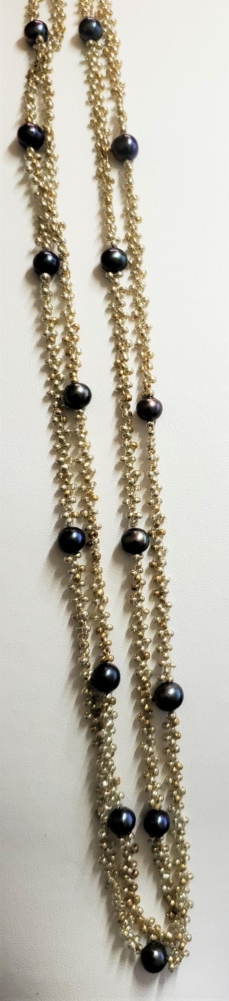 Handmade Gold Beaded Pacific Black Pearl Wrap Around Necklace