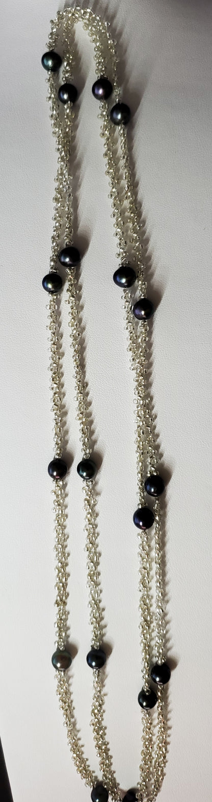Handmade Silver Beaded Pacific Black Pearl Wrap Around Necklace