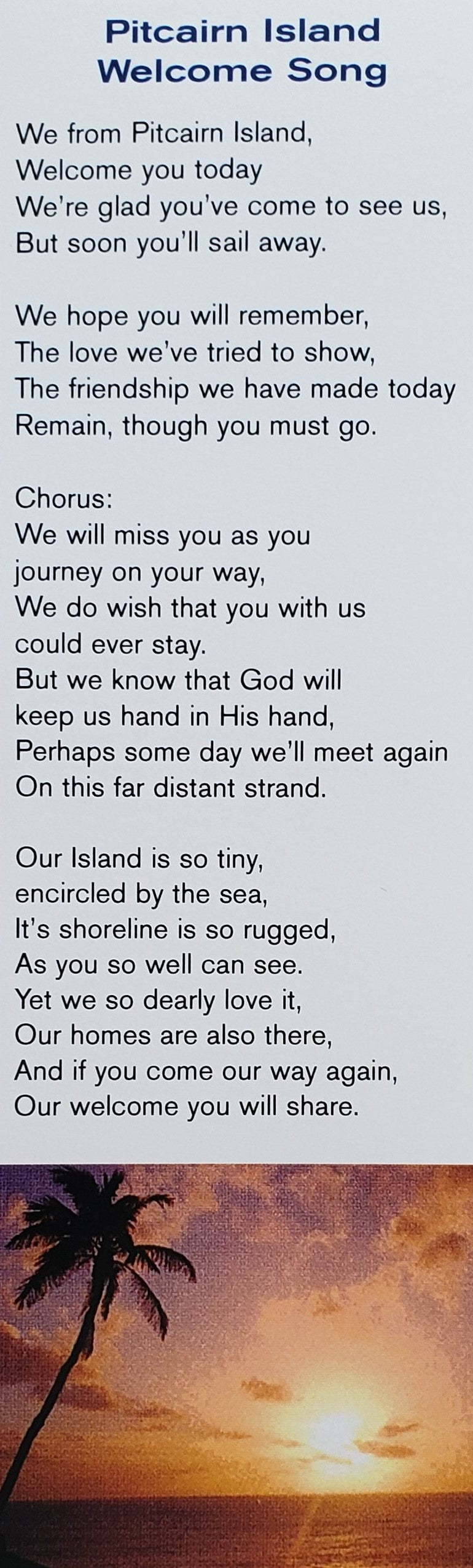 Bookmark - Pitcairn Island Welcome Song  - Card Stock