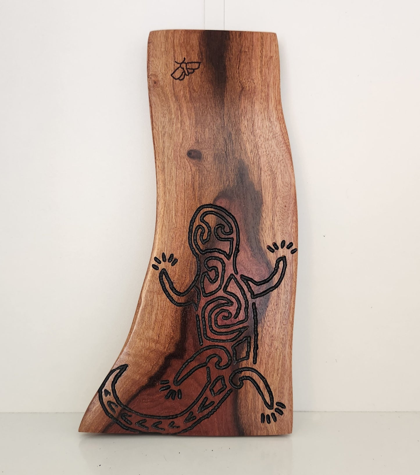 Hand Carved & Etched Lizard and Moth Wall Hanging from Local Miro Wood
